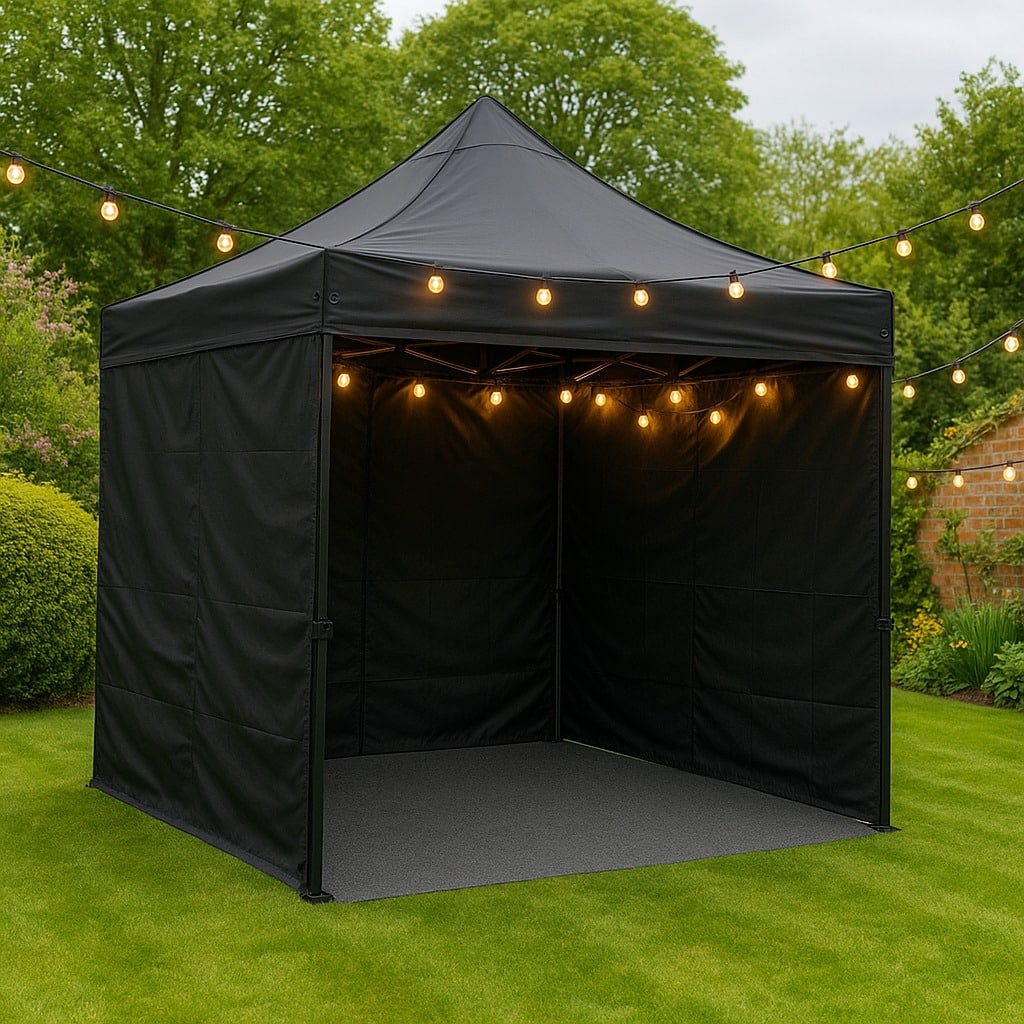 3x3 black Rhino Hex 55 gazebo with sides setup in a customer’s garden