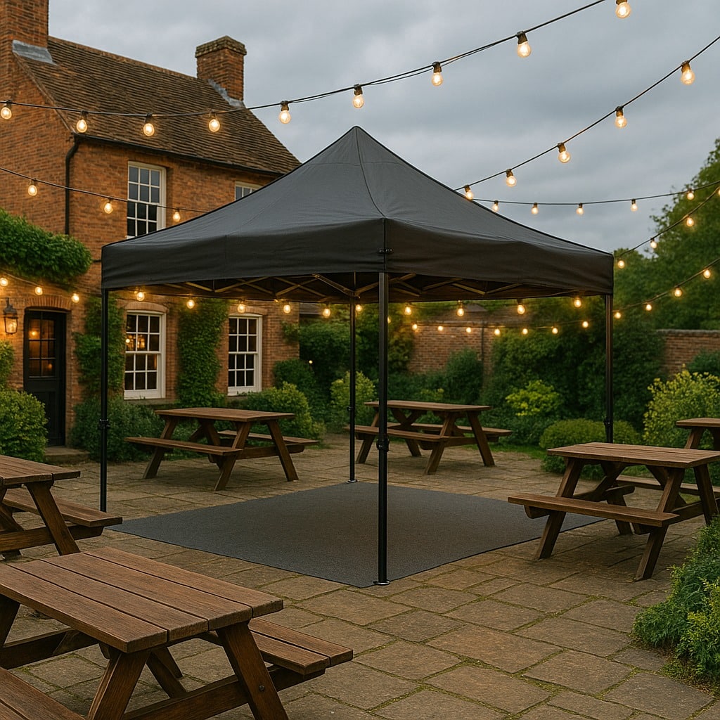 3x3 black Rhino Hex 55 gazebo setup in a pub beer garden without sidewalls