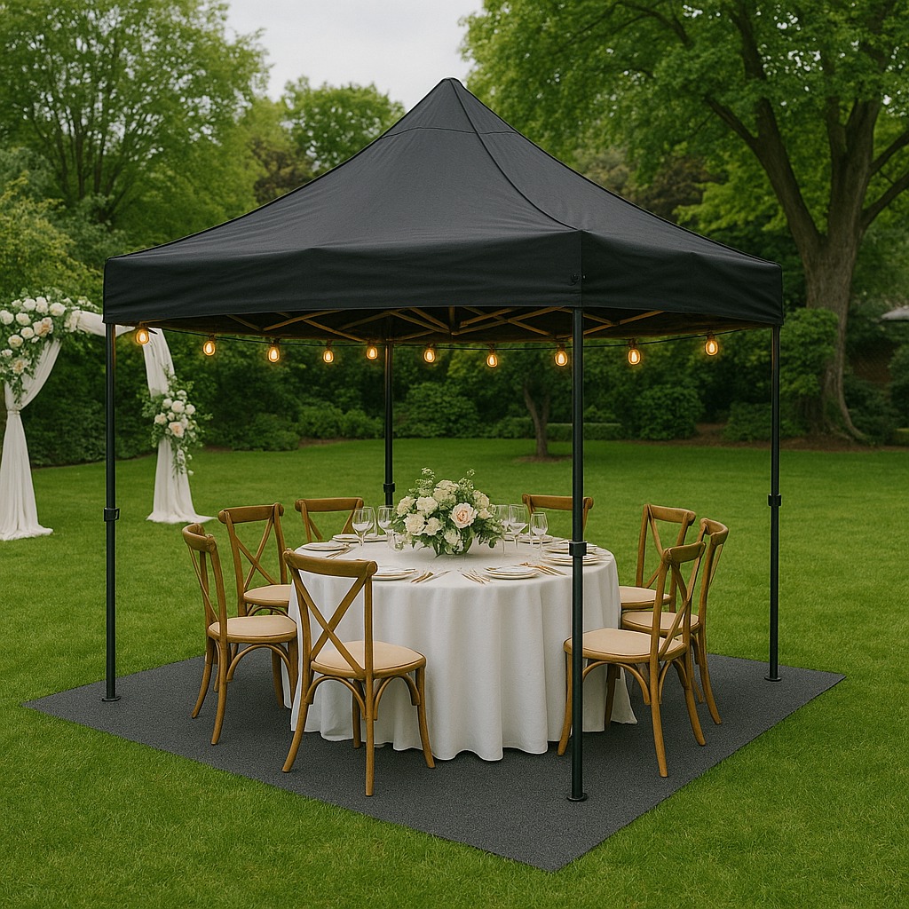 3x3 black Rhino Hex 55 gazebo setup for a wedding table outdoors without sidewalls
